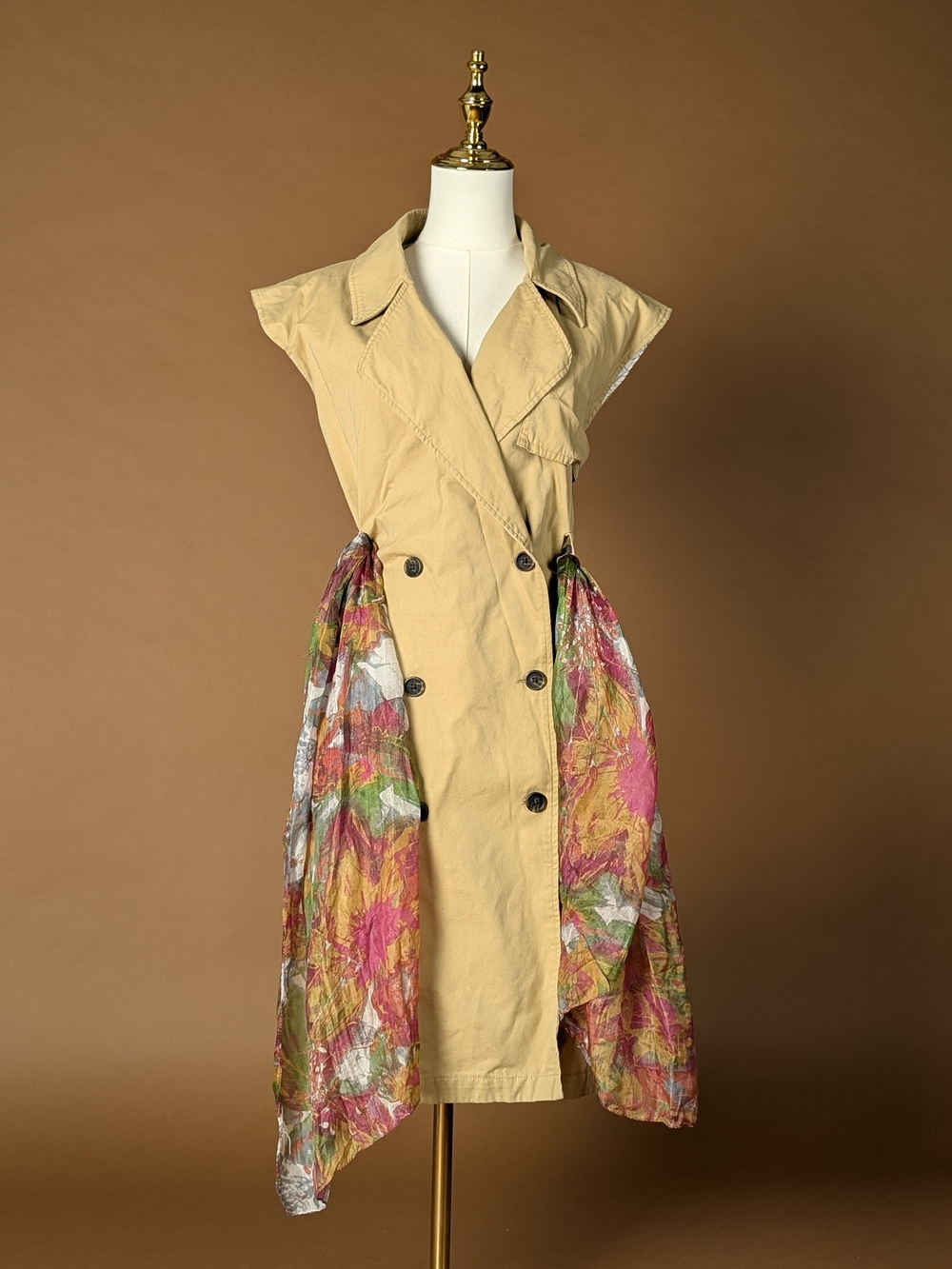 Chic A New Day Sleeveless Double Breasted Trench Dress with Scarf in Tan